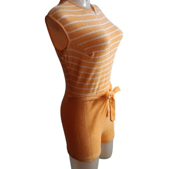 Small Vintage 80's Orange Striped Terry Cloth Womens Romper Zipper & Belt Tie - Picture 3 of 8
